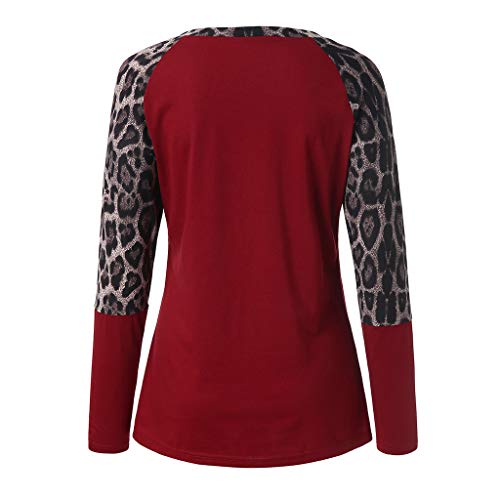 Leopardo de impresión de Mujer Remiendo de Manga Larga túnica Camiseta Tops Blusa