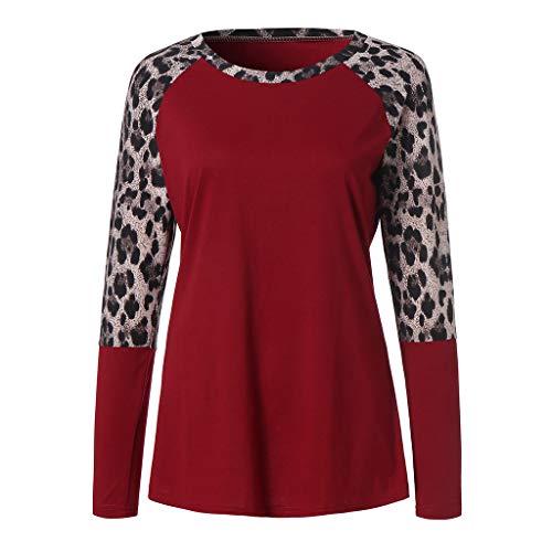 Leopardo de impresión de Mujer Remiendo de Manga Larga túnica Camiseta Tops Blusa