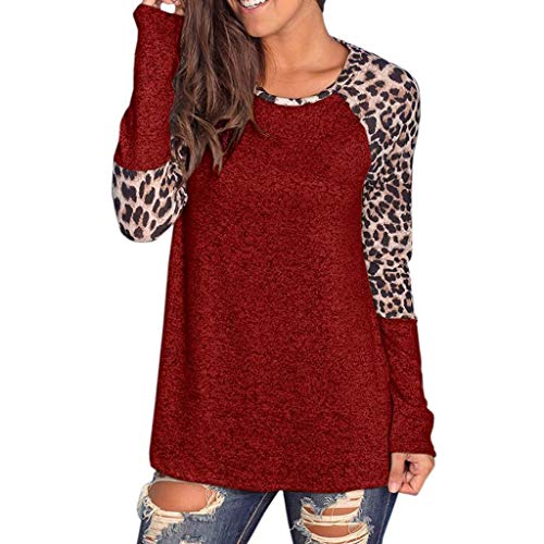 Leopardo de impresión de Mujer Remiendo de Manga Larga túnica Camiseta Tops Blusa