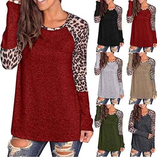 Leopardo de impresión de Mujer Remiendo de Manga Larga túnica Camiseta Tops Blusa