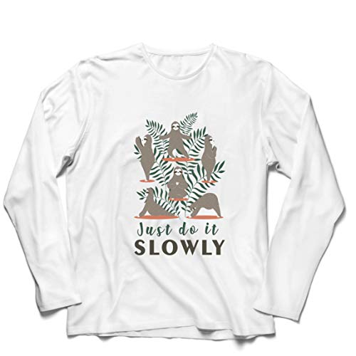 lepni.me Camiseta de Manga Larga para Hombre Hazlo despacio Perezoso Perezoso Yoga Poses Cita Divertida (Medium Blanco Multicolor)