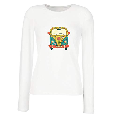 lepni.me Camisetas de Manga Larga para Mujer Años 60 70 Hippie Van, Flores, Amor, símbolo de Paz Libertad (XX-Large Blanco Multicolor)