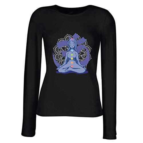 lepni.me Camisetas de Manga Larga para Mujer Yoga Meditación Namasté Asana Mandala Mente Cuerpo Alma (Large Negro Multicolor)
