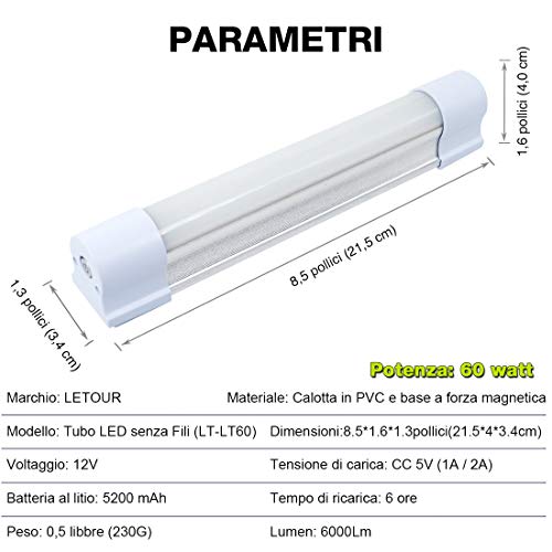 LETOUR Barra de luz de trabajo magnética con tubo LED de 60 W 4000 lúmenes, 5 niveles regulables, linterna de camping recargable por USB, luz portátil de resistencia para 60 horas (LT-LTK60 60 60W)