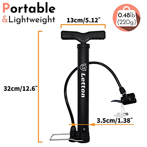 Letton Bomba de Suelo portátil para Bicicleta, Bomba de Aire para neumáticos de Bicicleta, válvulas Presta y Schrader Reversibles automáticamente de 8 Bar / 120 PSI, con Aguja de Bola multifunción Letton Bomba de Suelo portátil para Bicicleta, Bomba de Aire para neumáticos de Bicicleta, válvulas Presta y Schrader Reversibles automáticamente de 8 Bar / 120 PSI, con Aguja de Bola multifunción