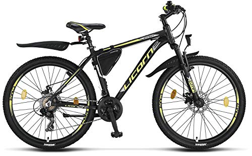 Licorne Bike Bicicleta de montaña prémium para niños, niñas, hombres y mujeres, cambio Shimano de 21 velocidades, para hombre, Effect, Niñas, negro/lima (2 frenos de disco)., 66,04 cm