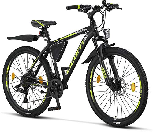 Licorne Bike Bicicleta de montaña prémium para niños, niñas, hombres y mujeres, cambio Shimano de 21 velocidades, para hombre, Effect, Niñas, negro/lima (2 frenos de disco)., 66,04 cm