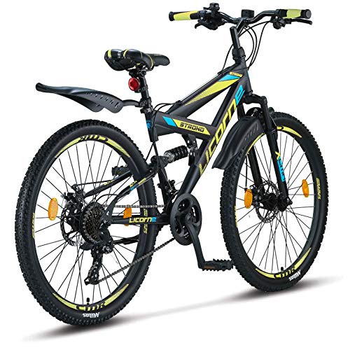 Licorne Bike Strong D - Bicicleta de montaña de 26 pulgadas Fully, freno de disco delantero y trasero, cambio Shimano de 21 marchas, suspensión completa, para jóvenes y hombres Licorne Bike Strong D - Bicicleta de montaña de 26 pulgadas Fully, freno de disco delantero y trasero, cambio Shimano de 21 marchas, suspensión completa, para jóvenes y hombres