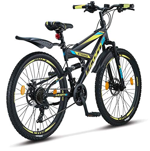 Licorne Bike Strong D - Bicicleta de montaña de 26 pulgadas Fully, freno de disco delantero y trasero, cambio Shimano de 21 marchas, suspensión completa, para jóvenes y hombres