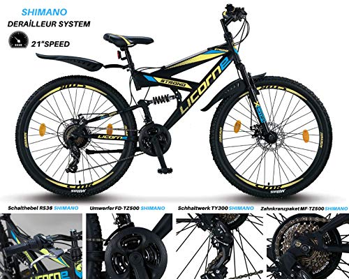Licorne Bike Strong D - Bicicleta de montaña de 26 pulgadas Fully, freno de disco delantero y trasero, cambio Shimano de 21 marchas, suspensión completa, para jóvenes y hombres