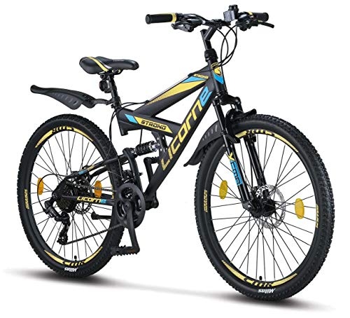 Licorne Bike Strong D - Bicicleta de montaña de 26 pulgadas Fully, freno de disco delantero y trasero, cambio Shimano de 21 marchas, suspensión completa, para jóvenes y hombres