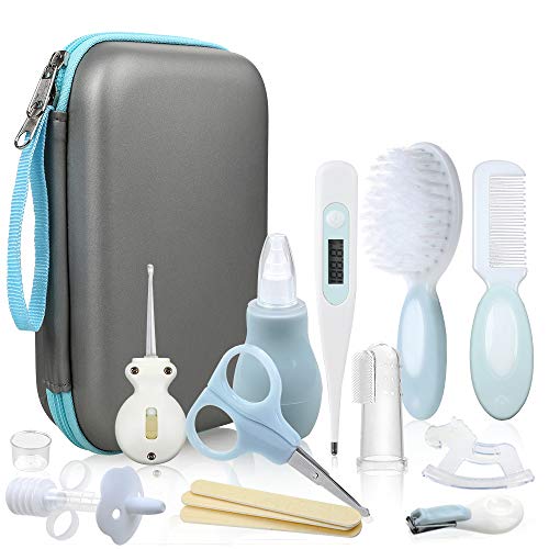 Lictin Set para Cuidado del Bebé - 15 Piezas Kit de Aseo para Bebés con Cuchara de Oreja con LED Cepillo de Pelo y Peine,Cortador de Uñas Cepillo de Dientes de Dedo para Viaje y el Uso Diario (Azul)