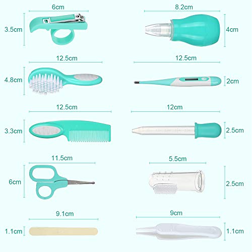 Lictin Set para el Cuidado del Bebé-10 Piezas Kit de Aseo Conveniente para Bebé con Termómetro electronico,Peine, Cepillo de Dientes de Dedo, Limpiador de nariz para Viaje y el Uso diario(Verde)