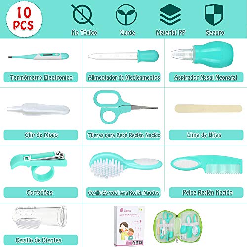 Lictin Set para el Cuidado del Bebé-10 Piezas Kit de Aseo Conveniente para Bebé con Termómetro electronico,Peine, Cepillo de Dientes de Dedo, Limpiador de nariz para Viaje y el Uso diario(Verde)