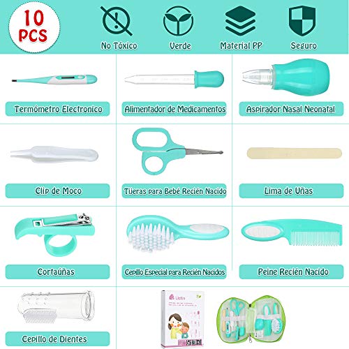 Lictin Set para el Cuidado del Bebé-10 Piezas Kit de Aseo Conveniente para Bebé con Termómetro electronico,Peine, Cepillo de Dientes de Dedo, Limpiador de nariz para Viaje y el Uso diario(Verde) Lictin Set para el Cuidado del Bebé-10 Piezas Kit de Aseo Conveniente para Bebé con Termómetro electronico,Peine, Cepillo de Dientes de Dedo, Limpiador de nariz para Viaje y el Uso diario(Verde)