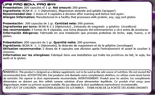 Life Pro BCAA Pro 8:1:1 1000 mg Ajinomoto para el crecimiento y recuperación muscular – Aminoácidos ramificados (l-leucina, l-valina y l-isoleucina) para ayudar contra catabolismo muscular – 200 cáp.