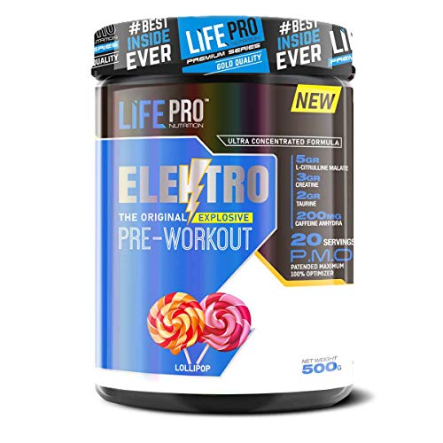 Life Pro Elektro Pre Workout para mejorar el rendimiento muscular – Suplemento deportivo pre entreno para mejorar la recuperación muscular – 500 gramos – sabor Lollipop