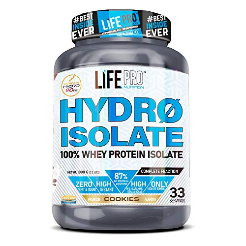 Life Pro Hydro Isolate 1kg | Aislado de suero en polvo con un 84% de proteína | Ganar masa muscular | Perfecto para el desarrollo muscular (COOKIES)