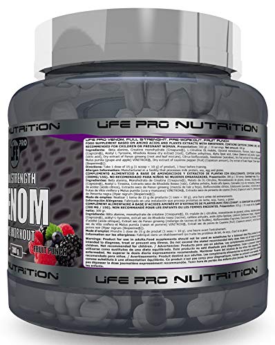 Life Pro New Venom Full Strenght Pre-Workout – Pre entreno para ayudar a aumentar la masa mucular – Pre Workout para un mejor desempeño físico y recuperación muscular – 300 gr – Sabor Fruit Punch