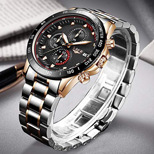 LIGE Reloj para Hombre Cronógrafo Correa de Acero Inoxidable Impermeable Deportes Negocio Casual Reloj Plateado para Caballero