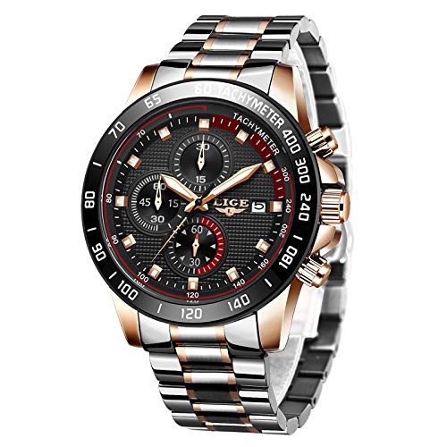 LIGE Reloj para Hombre Cronógrafo Correa de Acero Inoxidable Impermeable Deportes Negocio Casual Reloj Plateado para Caballero