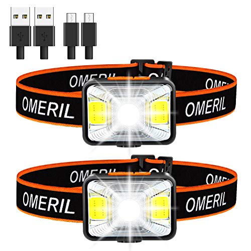 Linterna Frontal LED USB Recargable (2 Piezas), OMERIL Linterna Cabeza Super Brillante, 5 Modos de Luz (Blanco y Rojo), IPX5 Impermeable Frontal LED para Correr, Acampar, Pescar, Ciclismo, Camping