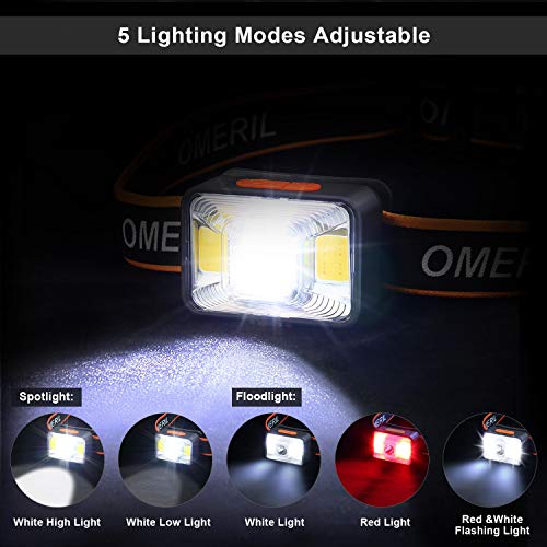 Linterna Frontal LED USB Recargable (2 Piezas), OMERIL Linterna Cabeza Super Brillante, 5 Modos de Luz (Blanco y Rojo), IPX5 Impermeable Frontal LED para Correr, Acampar, Pescar, Ciclismo, Camping