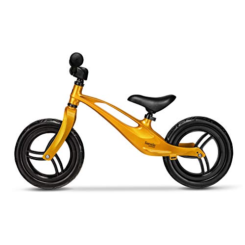 Lionelo Bart Bicicleta sin pedales 39 x 88 x 50-57 cm Para niños de hasta 30 kg Ajuste del asiento y manillar Bloqueo de volante Resistente a daños Asa de transporte Oro