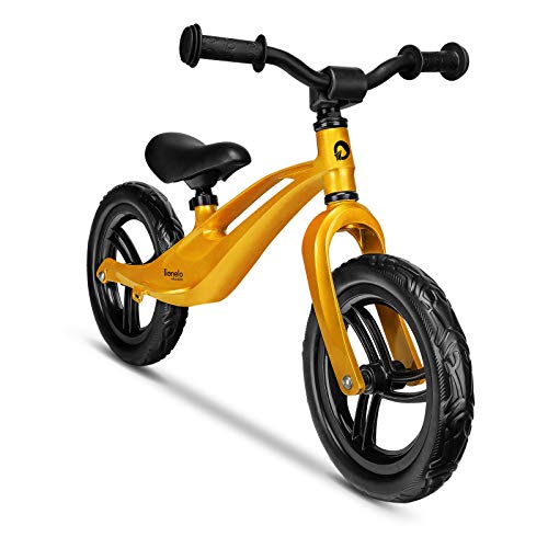Lionelo Bart Bicicleta sin pedales 39 x 88 x 50-57 cm Para niños de hasta 30 kg Ajuste del asiento y manillar Bloqueo de volante Resistente a daños Asa de transporte Oro