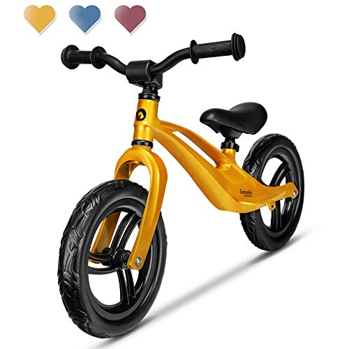 Lionelo Bart Bicicleta sin pedales 39 x 88 x 50-57 cm Para niños de hasta 30 kg Ajuste del asiento y manillar Bloqueo de volante Resistente a daños Asa de transporte Oro