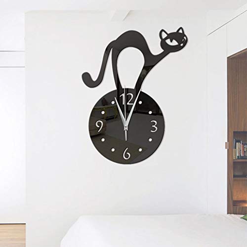 LIOOBO 1 Unid Superficie de Espejo Reloj de Pared de Gato Reloj de Pared de Dibujos Animados Reloj Redondo Reloj de Pared para Cafe Bar Mall Decoración del Hogar - Negro sin Batería