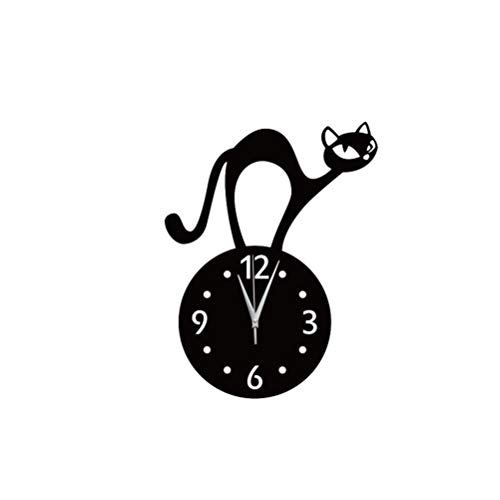 LIOOBO 1 Unid Superficie de Espejo Reloj de Pared de Gato Reloj de Pared de Dibujos Animados Reloj Redondo Reloj de Pared para Cafe Bar Mall Decoración del Hogar - Negro sin Batería