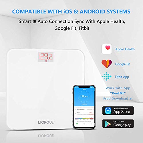 LIORQUE Báscula de Baño Digital Báscula Inteligente con APP Compatible con Smartphone Andriod y iOS, Tecnología Step-On, Alta Precisión, 0,2-180kg - Blanco