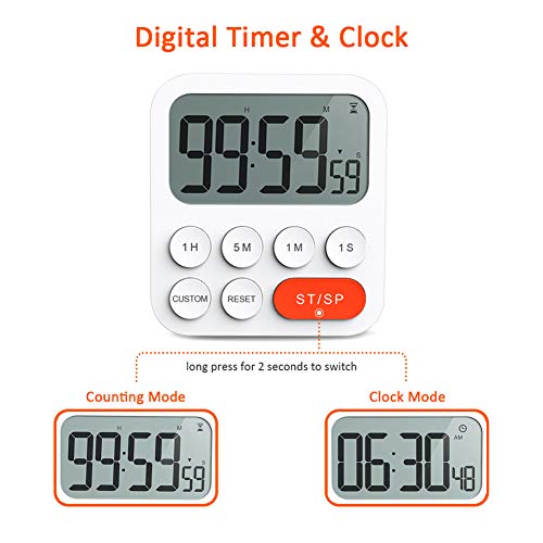 LIORQUE Temporizador de Cocina Digital Temporizador Multifunción con Función de Reloj, Ajuste Rapido, 3 Niveles de Volumen, Respaldo Magnético, Soporte Plegable (2 Pilas AAA Incluidas)