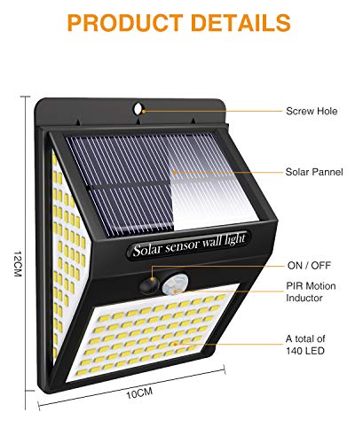 Litogo Luz Solar Exterior 140 LED【4 Pack / 3 Modos】con Sensor de Movimiento, Luces LED Solares Exteriores 270º lluminación Focos Solares Exterior Impermeable Aplique Lampara Solar para Exterior Jardin