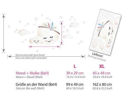 Little Deco - Adhesivo decorativo de pared para habitación de niños, niñas y bebés con diseño de luna con plumas, nubes y estrellas, autoadhesivo DL263