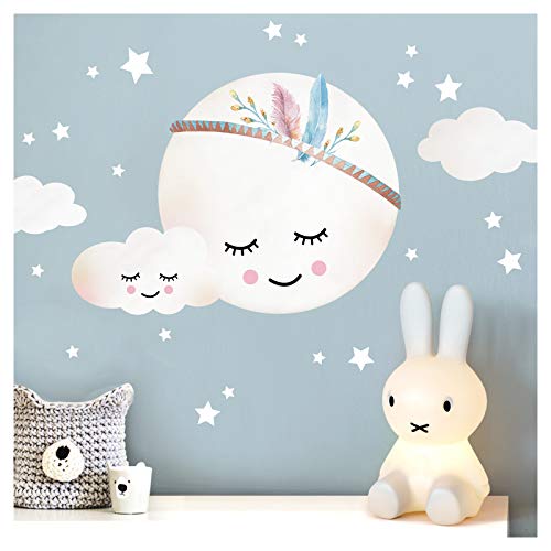 Little Deco - Adhesivo decorativo de pared para habitación de niños, niñas y bebés con diseño de luna con plumas, nubes y estrellas, autoadhesivo DL263