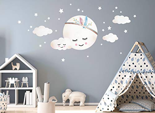 Little Deco - Adhesivo decorativo de pared para habitación de niños, niñas y bebés con diseño de luna con plumas, nubes y estrellas, autoadhesivo DL263