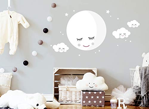 Little Deco DL245 Adhesivo decorativo para pared, diseño de luna y nubes, color blanco, vinilo, Blanco, M - 30 x 30 cm (BxH)