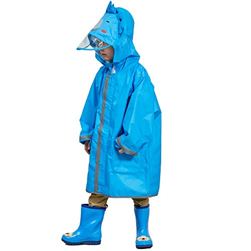 LIVACASA Chubasquero Chaqueta Lluvia Niño Impermeable Capa de Lluvia Grande Sombrero con para Seguridad con Advertencia Reflectantes Viaje Vacaciones Azul Talla L