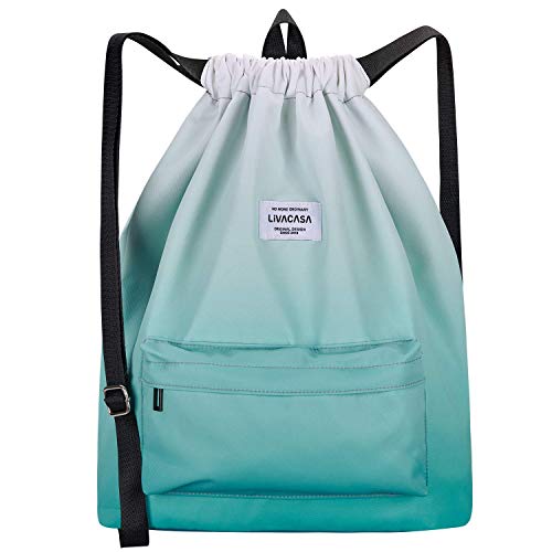 LIVACASA Mochilas de Cuerdas Ancho Hombre Mujer Grandes Bolsas de Cuerdas Gimnasio Cordones Cómodos Ajustable con Asa A Prueba de Agua para Playa Piscina Blanco Verde