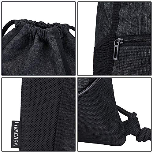 LIVACASA Mochilas de Cuerdas Hombre Mujer Grandes Bolsas de Cuerdas Gimnasio Cordones Cómodos Ajustable con Malla de Bolsillos para Botellas y Bolsillo Laterial Delantero A Prueba de Agua Negro