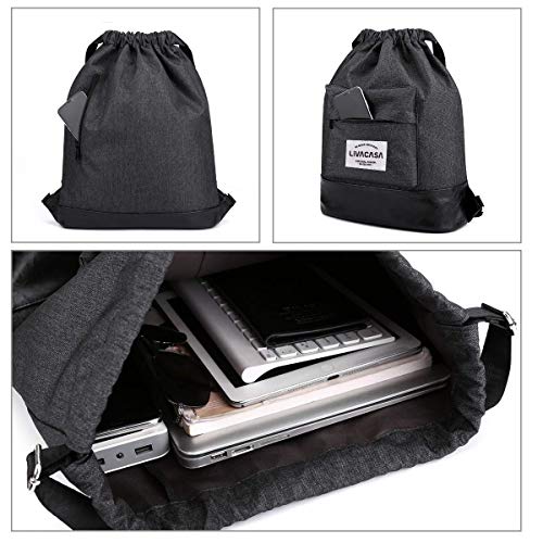 LIVACASA Mochilas de Cuerdas Hombre Mujer Grandes Bolsas de Cuerdas Gimnasio Cordones Gruesas Ajustable Extra Bolsillo Trasero Impermeable 13L Negro con Bolsillo Exterior