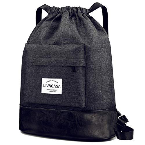 LIVACASA Mochilas de Cuerdas Hombre Mujer Grandes Bolsas de Cuerdas Gimnasio Cordones Gruesas Ajustable Extra Bolsillo Trasero Impermeable 13L Negro con Bolsillo Exterior