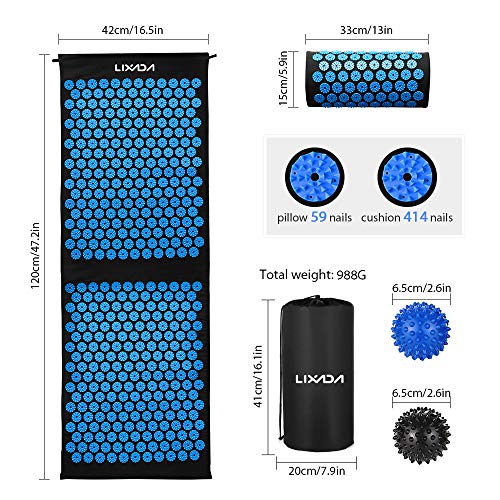 Lixada Estera de Acupresión y Almohada Kit con 2 pcs Bolas de Masaje de Punta para Alivio del Dolor Muscular del Espalda/Cuello/Pies 120 x 42 cm