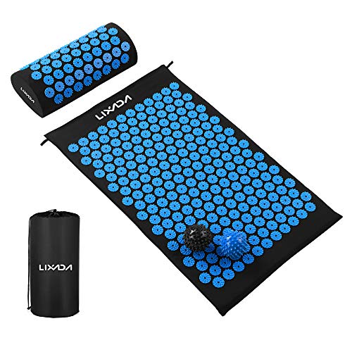 Lixada Estera de Acupresión y Almohada Kit con 2 pcs Bolas de Masaje de Punta para Alivio del Dolor Muscular del Espalda/Cuello/Pies