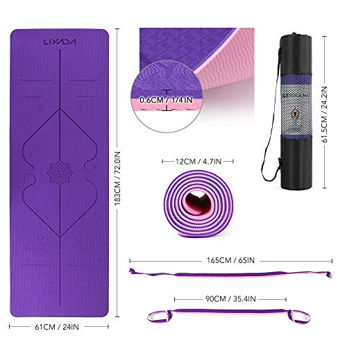 Lixada Esterilla de Yoga Antideslizante TPE Insípido con Línea de Posición Correa y Bolsa para Pilates Fitness Culturismo 183 * 61 * 0.6cm