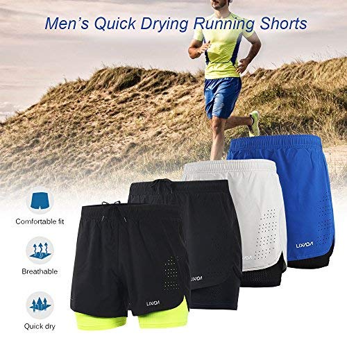 Lixada Hombres Pantalónes Cortos de Running 2-en-1, Pantalones Cortos de Atletismo, Pantalones Cortos de Fitness Maratón, Transpirable Pantalones+Secado Rápido (Verde, S)