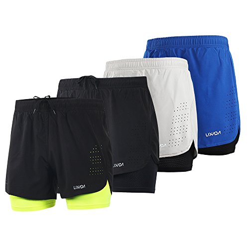 Lixada Hombres Pantalónes Cortos de Running 2-en-1, Pantalones Cortos de Atletismo, Pantalones Cortos de Fitness Maratón, Transpirable Pantalones+Secado Rápido (Verde, M)