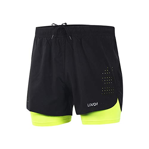 Lixada Hombres Pantalónes Cortos de Running 2-en-1, Pantalones Cortos de Atletismo, Pantalones Cortos de Fitness Maratón, Transpirable Pantalones+Secado Rápido (Verde, M)